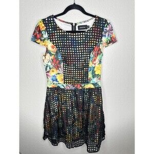 MINKPINK Dress Womens Medium Black Floral Lattice Mesh Fit & Flare Exposed Zip
